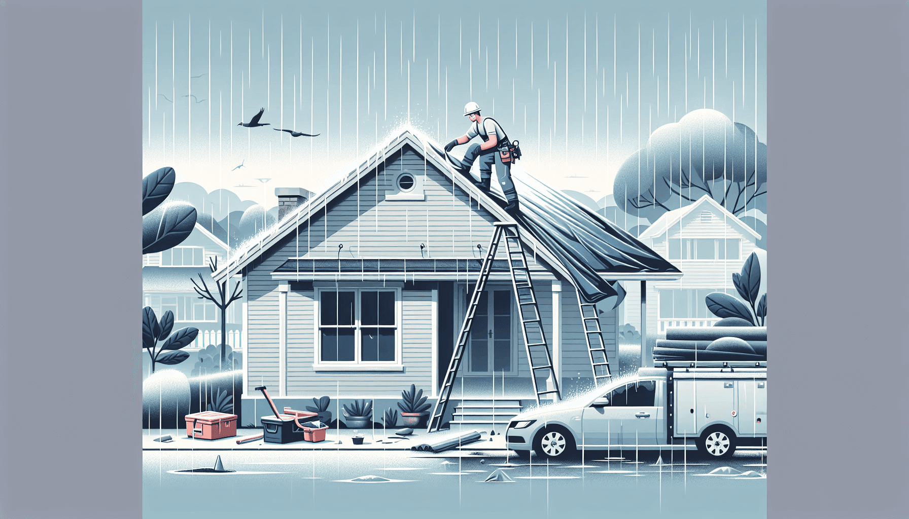 Emergency roofer repairing storm-damaged roof
